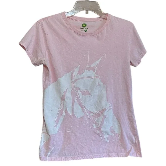 John Deere Womens Pink Horse Graphic T-Shirt Medium Cotton Short Sleeve Tee - Picture 1 of 6